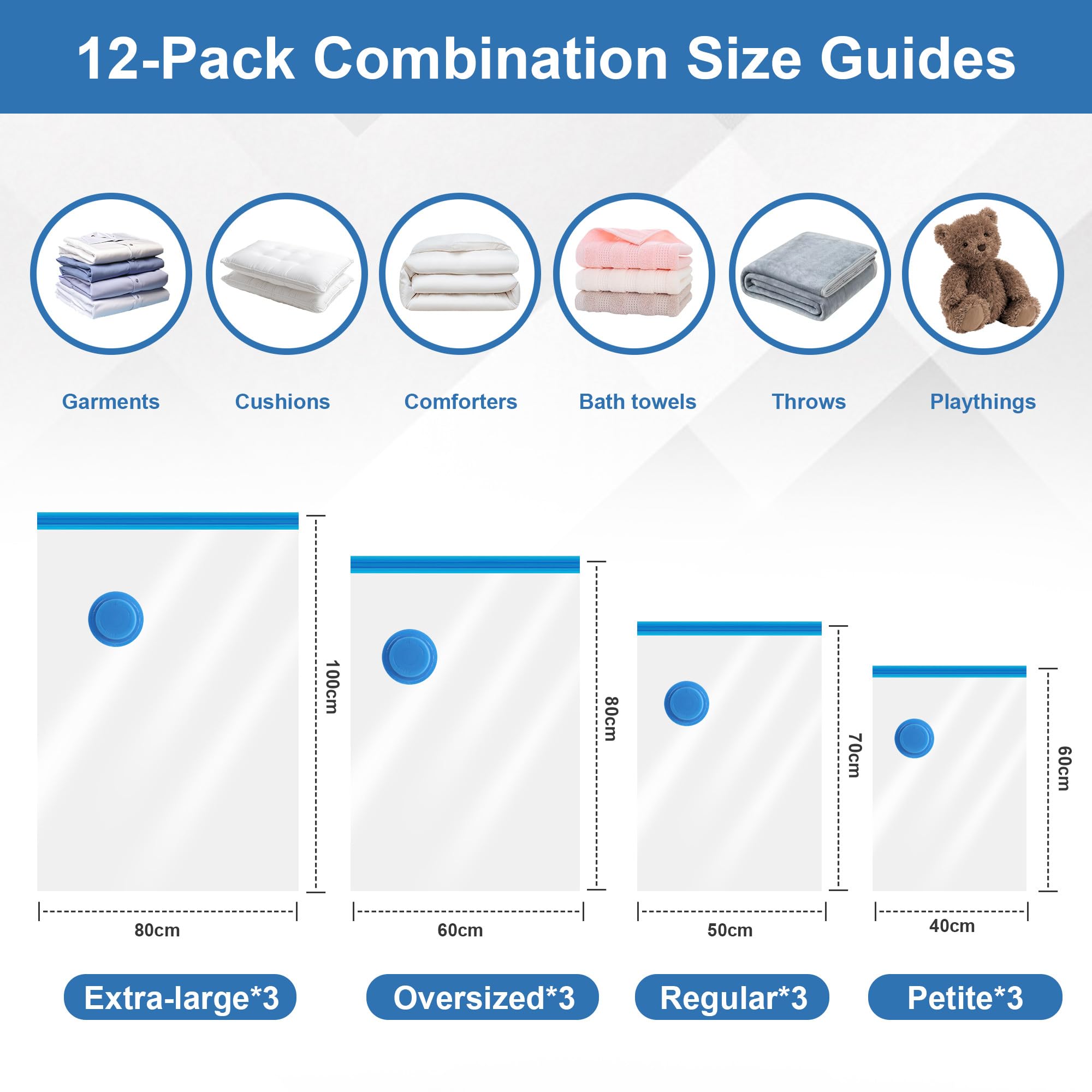 12 sacchetti sottovuoto vestiti con pompa ad aria elettrica e manuale, 3 extra large, 3 grandi, 3 medi, 3 piccoli. sacchi sottovuoto piumoni, adatti per lo stoccaggio quotidiano e i viaggi