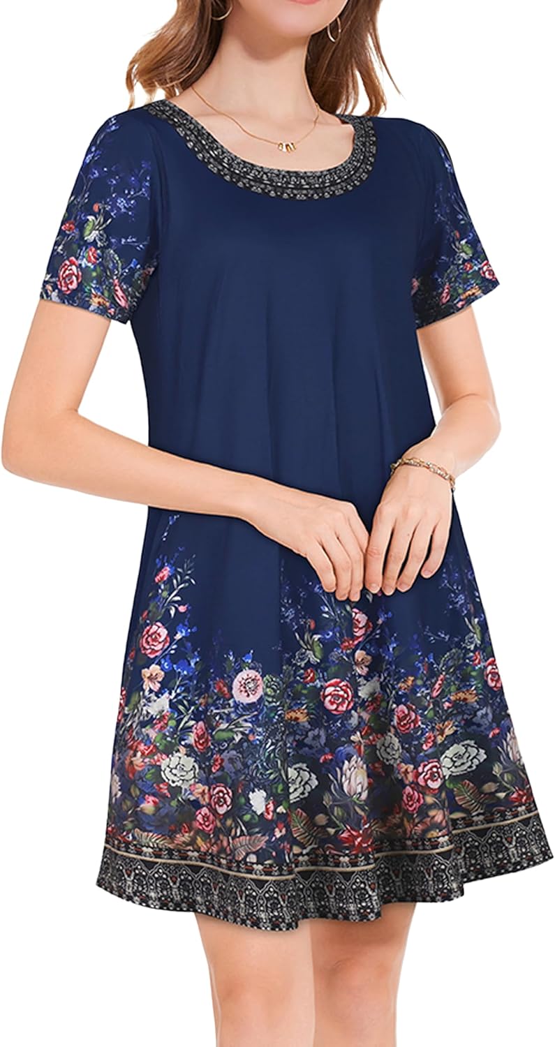 Summer Dresses for Women Casual Short Sleeve Sundress Scoop Neck Beach T Shirt Dress with Pockets - Image 3