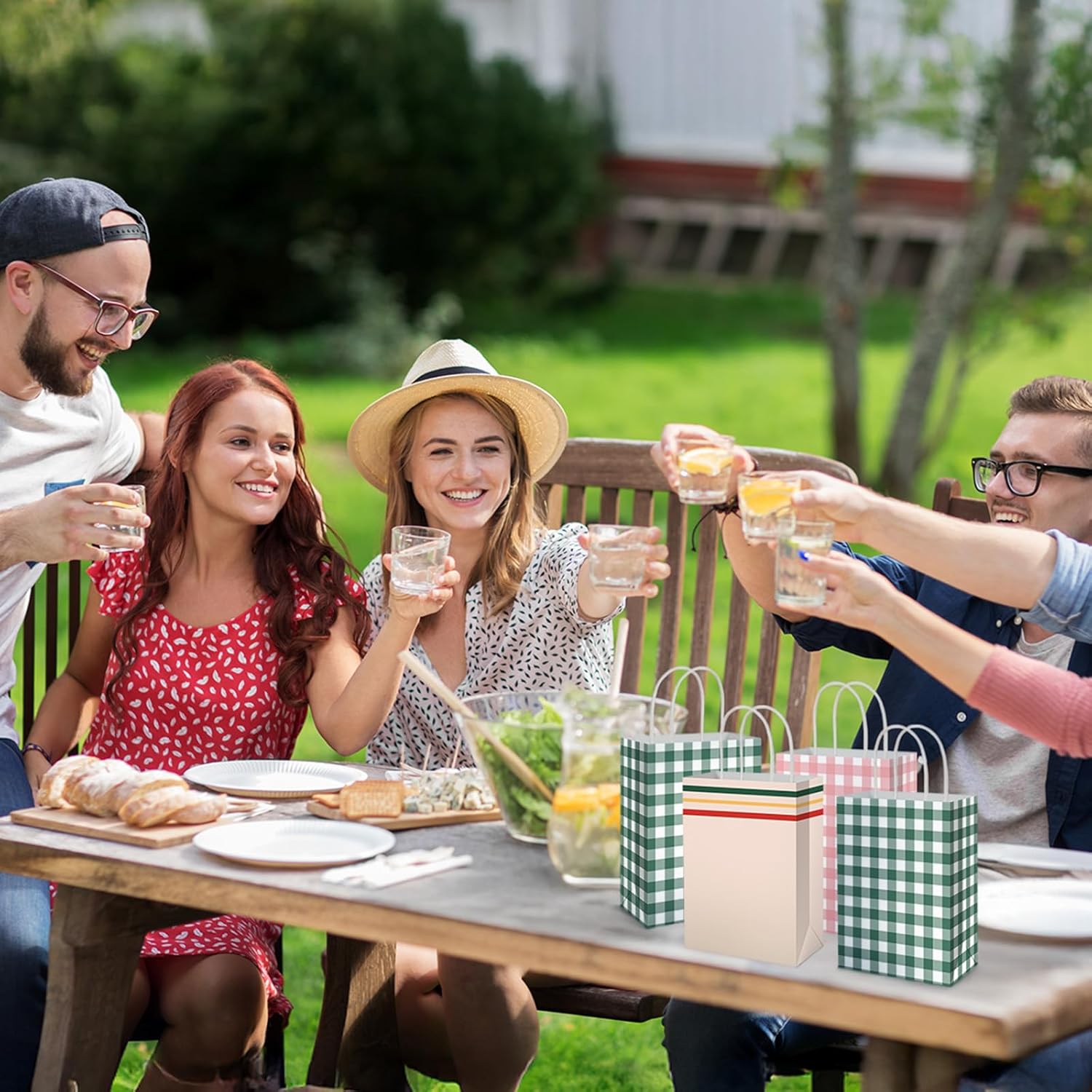 Kolldenn 36 Pcs Gingham Camp Paper Bag Gingham Party Supplies Pink Green Plaid Checkered Goodie Bags with Handle for Camp Bachelorette Baby Shower Wedding Birthday Party Favor Supplies - Image 6