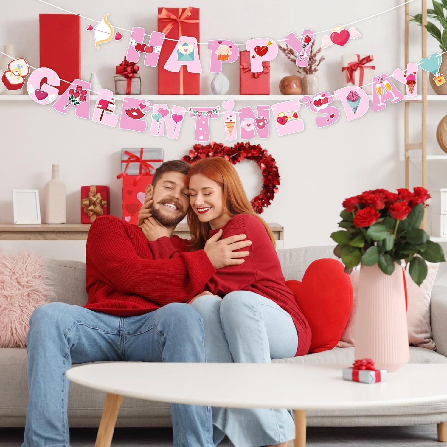 Happy Galentine's Day Banner Pink Galentine’s Day Garlands Decorations with Heart Valentines Day Banner for Girls Ladies Friends Galentines Day Decoration