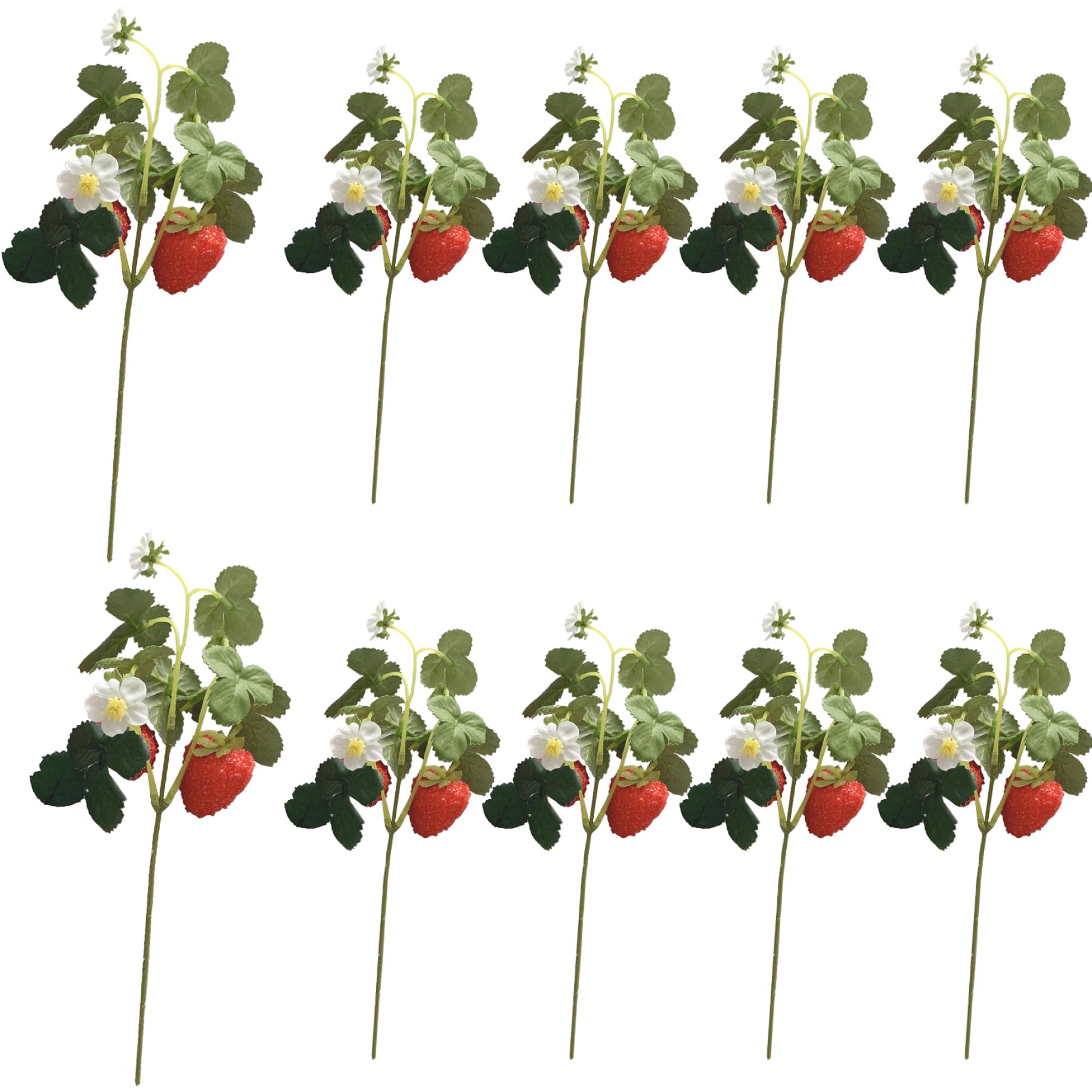 Vervevum Artificial Strawberry Plant 10Pcs 10.24in Simulation DIY Faux Strawberries with Leaves and 2 Heads Decorative Silk Fruit Decor for Home Party Restaurant, Strawberries