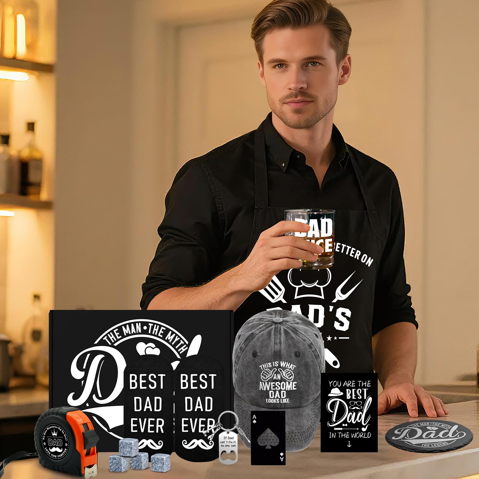 14 Pcs Dad Gifts, Unique Best Father Ever Gift with 11 Oz Dad Juice Whiskey Glass 4 Whiskey Stones Coaster Apron Hat Sock Tape Measure Keychain, Birthday Father's Day Christmas Gift for Papa, Husband