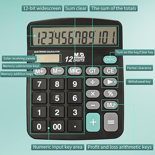 Miniatura 3 de M&G Calculadora de escritorio Calculadora de oficina de 12 dígitos con pantalla LCD grande, energía solar dual y batería, calculadora de botón