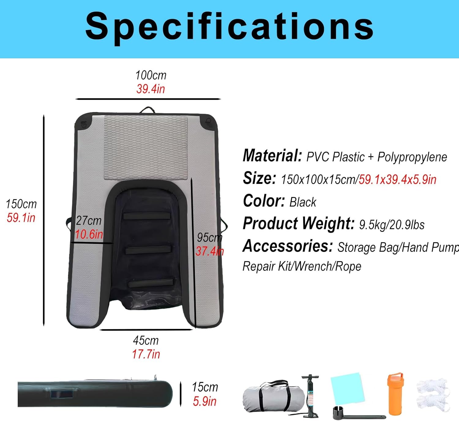 Inflatable Dog Pool Ramp with Step, Lighter Weight Dog Water Boarding Pontoon with Ramp, Ramp to Help Dogs Get Out of The Water(Black,150x100x15cm/59.1x39.4x5.9in)