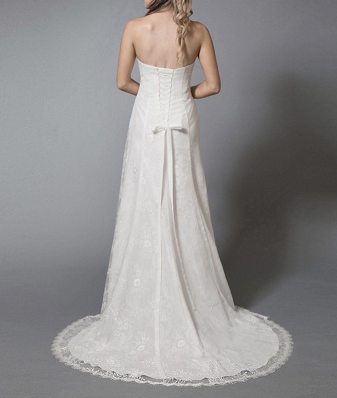 Vestido de Novia de Sirena Largo, Vestido de Novia de Playa de Encaje sin Tirantes, Blanco, 40