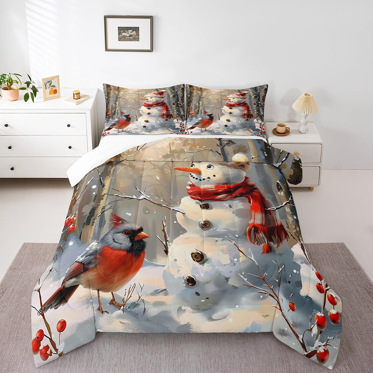 Snowman Red Bird Comforter Set King Size,Retro Rustic Woodland Duvet Insert for Kids Girls Boys Adults Room Decor,Merry Christmas Bedding Set 3Pcs,Winter Theme Vintage Quilt Set,2 Pillowcases