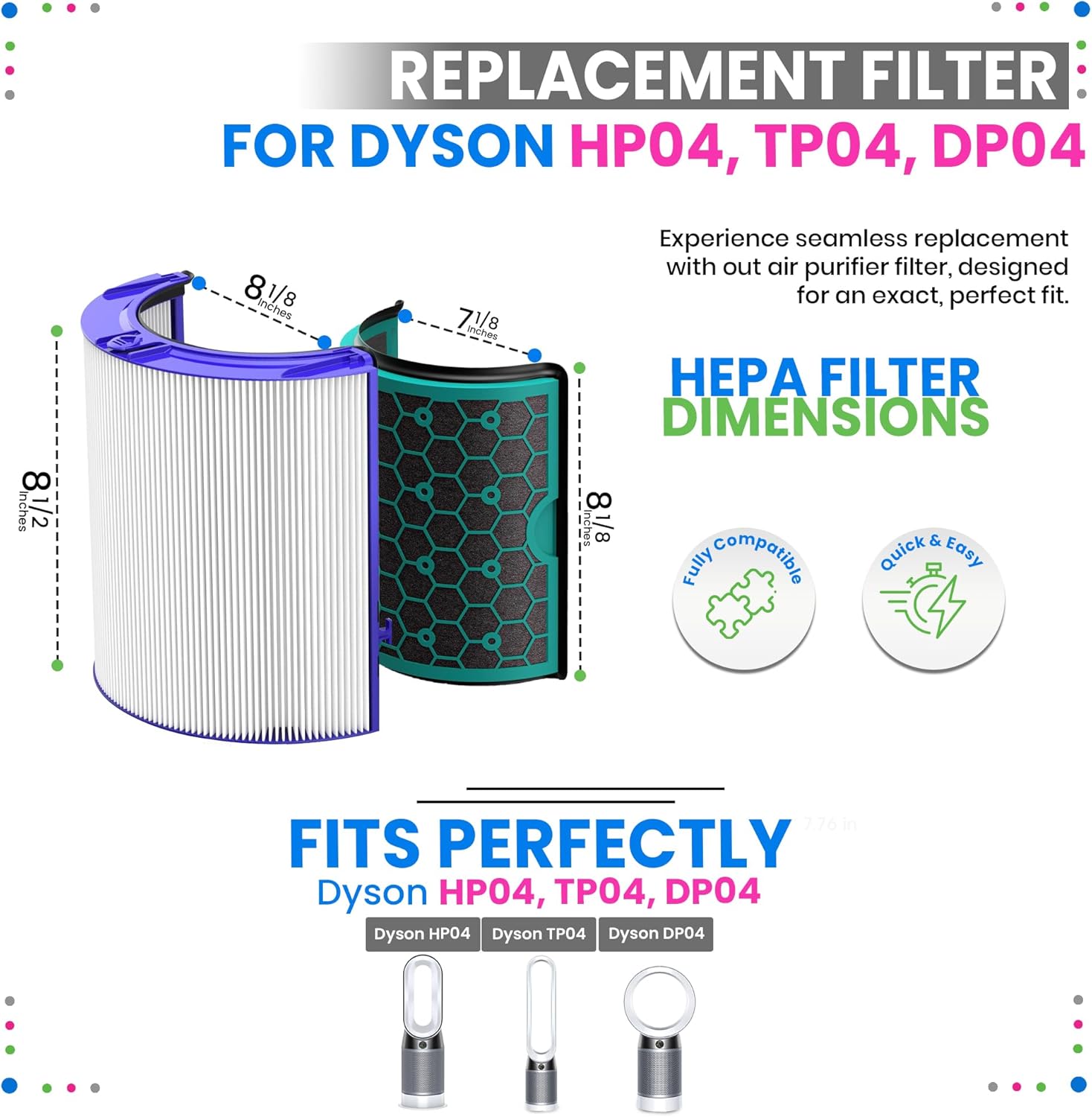 Bagean 360 Combi Glass HEPA Filters Compatible with Dyson Air Purifier Filter HP04 TP04 Pure Cool Hot Fan Dyson Filter Replacement - H13 True HEPA and Activated Carbon Purifies 99.97% Particles (2-Pk)