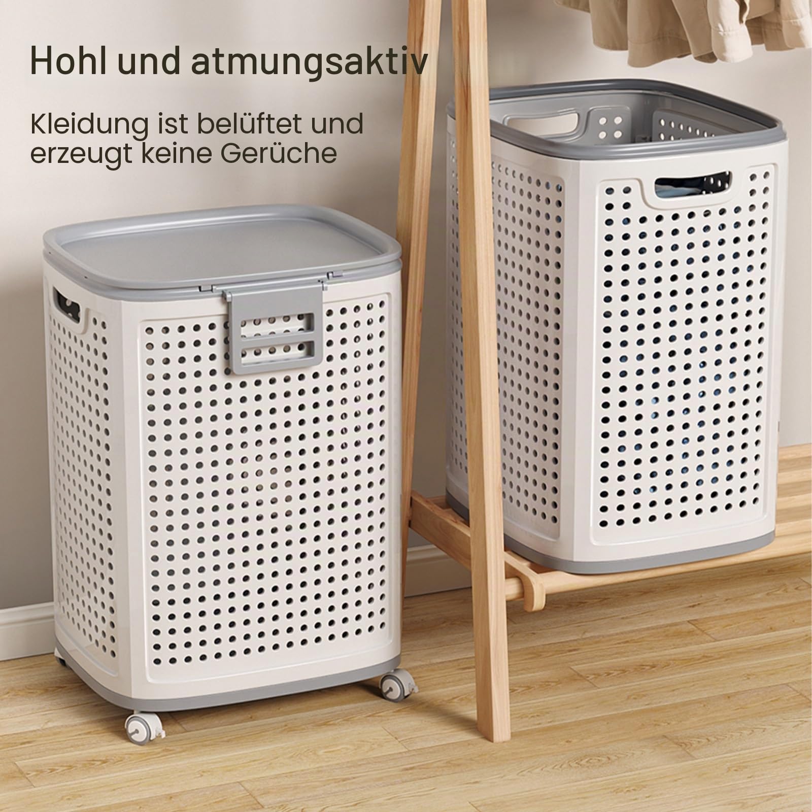 Wäschesammler mit Deckel, Wäschekorb Plastik mit Rädern, Wäschebox im Hohles Design, Waschkorb mit Praktischen Tragegriffen(Large)
