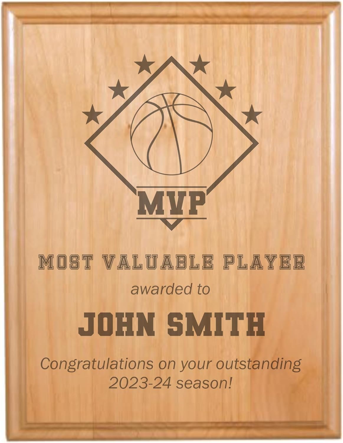 Custom MVP Award for Basketball Player with Personalized Text Sports Gift Ideas for Women or Men Engraved Natural Wood Plaque (9x12 Alder Wood)