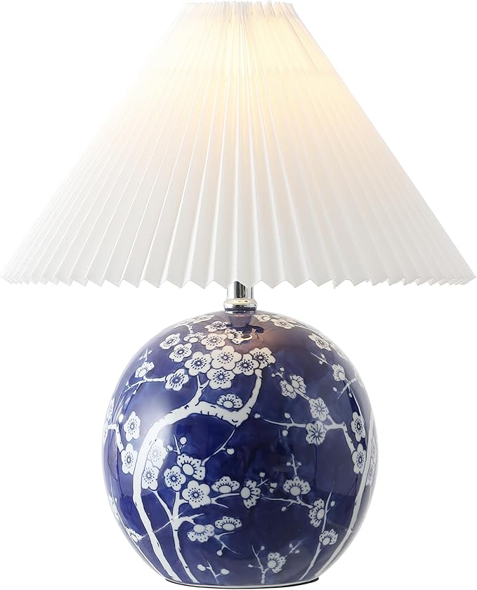 JONATHAN Y JONATHAN Y JYL5056C Shishen 19.5" Cottage Classic Chinoiserie Ceramic Orb LED Table Lamp with Pleated Shade, Navy/White for Bedroom, Living Room, Kitchen, Home Office, Kids Room