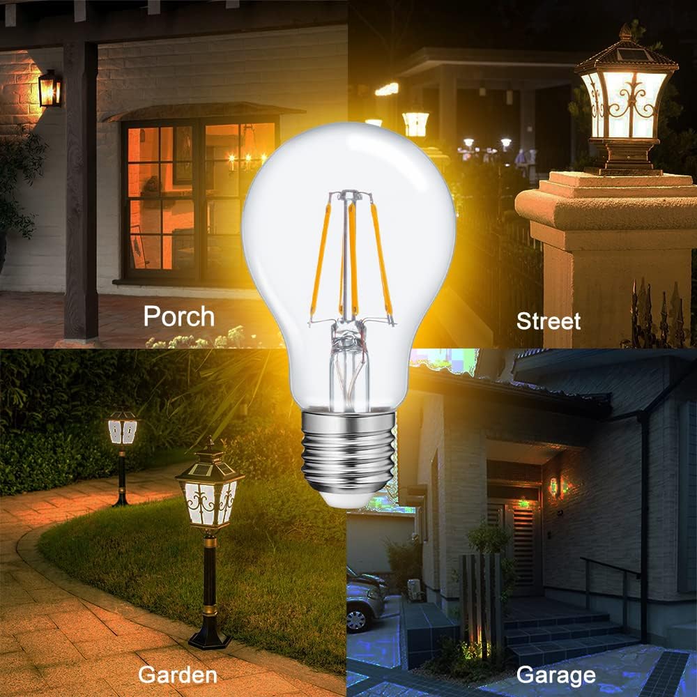 FAGUANGAO A19 LED Dusk to Dawn Light Bulbs Outdoor,6W 60W Equivalent,2700K Warm White,650 Lumen, E26 Edison Filament Photocell Sensor Bulb,Auto On/Off Vintage Bulbs for Porch,Patio,Garage,4 Pack
