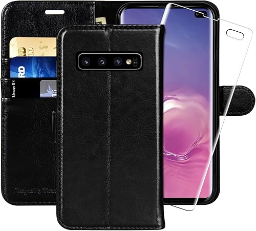 MONASAY Funda tipo cartera compatible con Galaxy S10 Plus, 6.4 pulgadas, protector de pantalla incluido, bloqueo RFID, funda de piel con tapa para