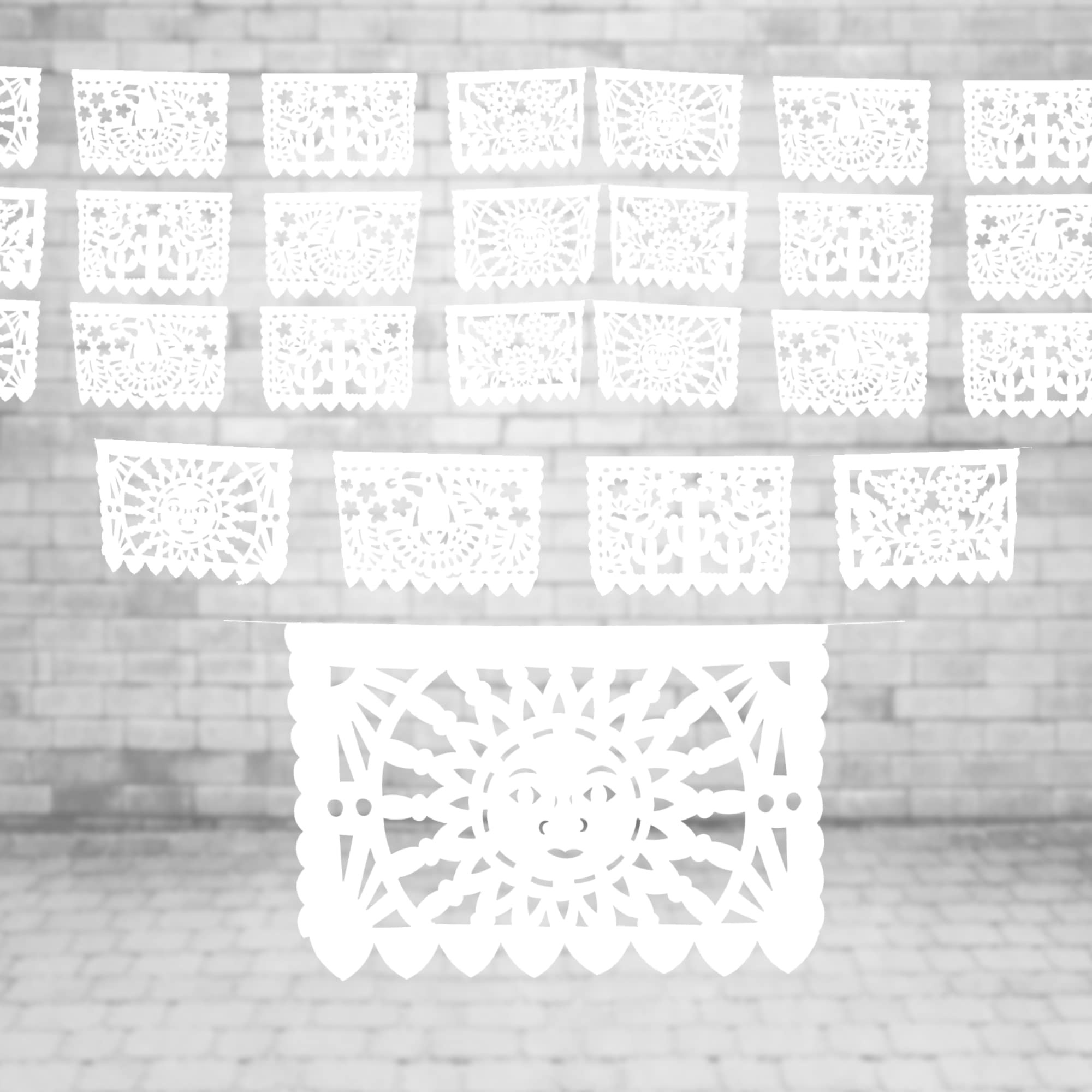 Mexican Flags Bulk White Papel Picado Banner Pack - Over 120 feet, Made from Elegant White Tissue Paper with a Mexican Spring Theme of Flowers, Birds, Suns and Butterflies.
