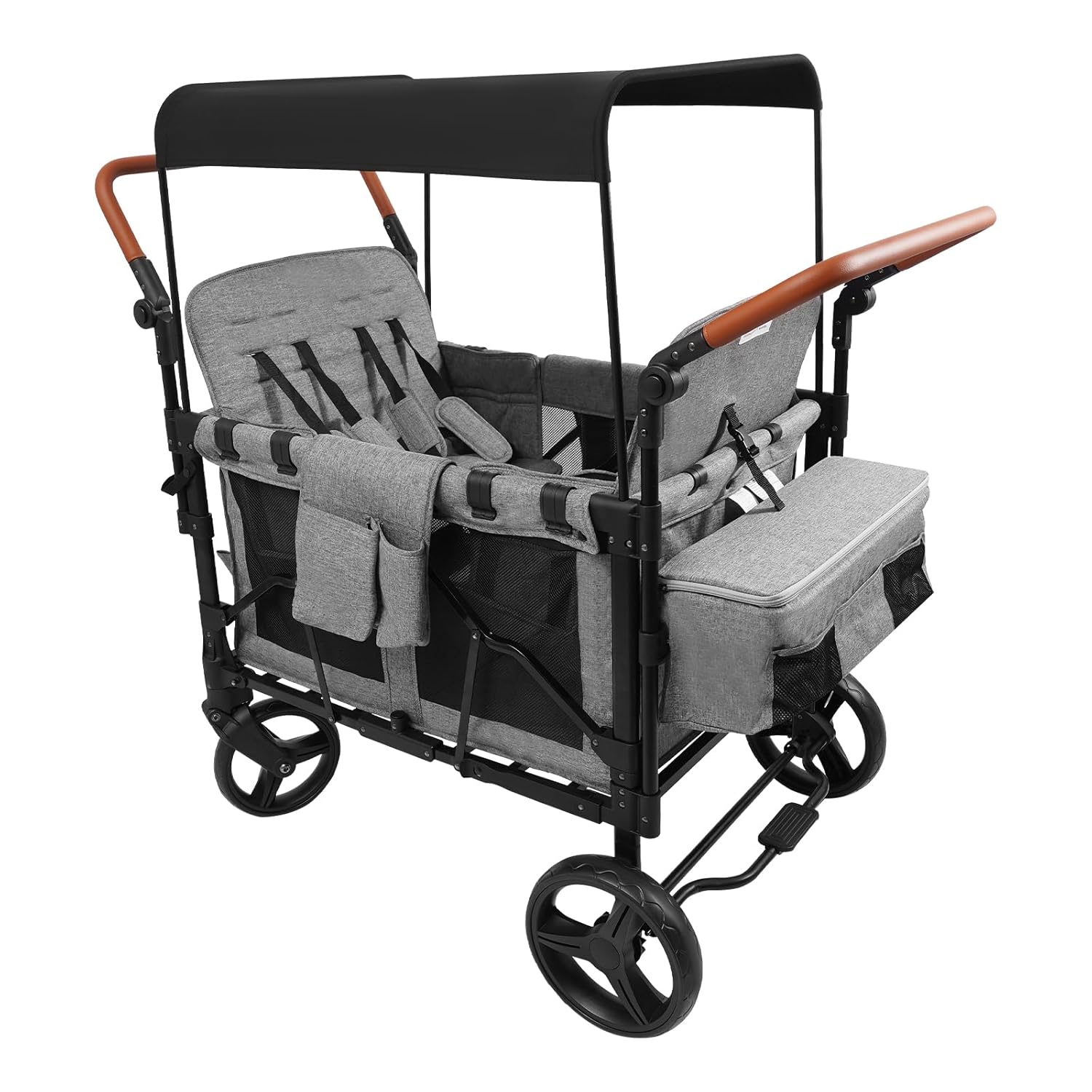 Wagon Stroller for 4 Kids, Push Pull Collapsible Stroller with 5-Point Safety Harness & Removable Canopy, 4-Seater Stroller Wagon for 0-6 Years Kids, for Camping Shopping (Grey, 4-Seater)