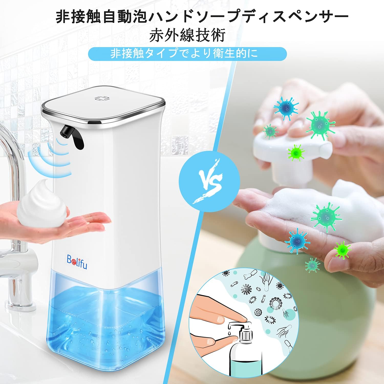 Belifu Automatic Soap Dispenser, 350ml Electric Touchless Battery Operated Foaming Soap Dispenser, Auto Hand Free with Smart Infrared Sensor for Bathroom Kitchen Toilet Office Hotel