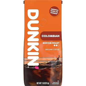 Dunkin Colombian Medium Roast Ground Coffee, 11 Oz. Bag | Single-origin Colombian coffee, made with Arabica beans, full-bodied vibrant taste, smooth finish, great hot or iced