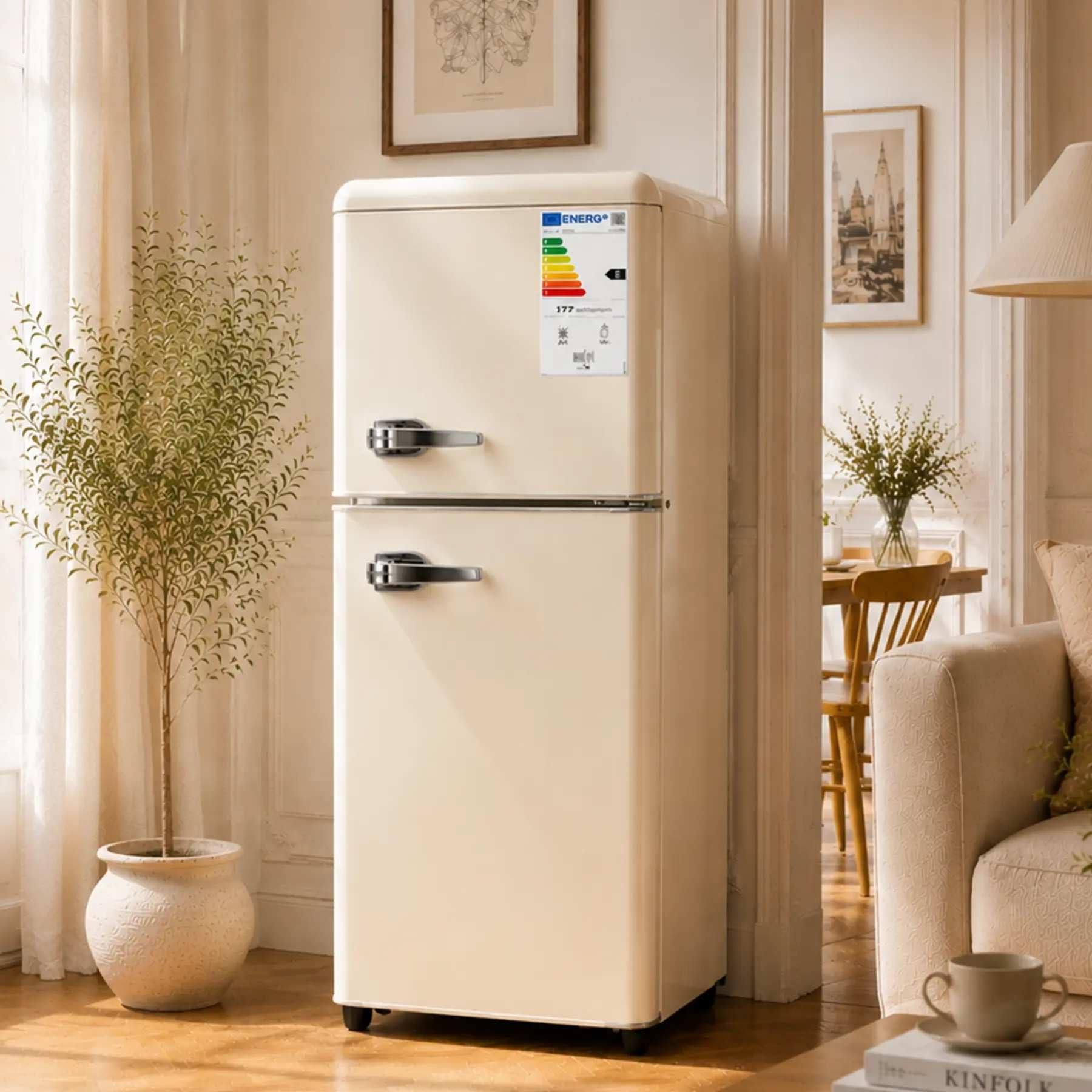 YEHTOKHOME Réfrigérateur à 2 portes,Petit Frigo,7 niveaux de réglage de la température,éclairage LED,étagères réglables,classe énergétique E,pour cuisine,salon et bureau (Blanc cassé, 112 L)