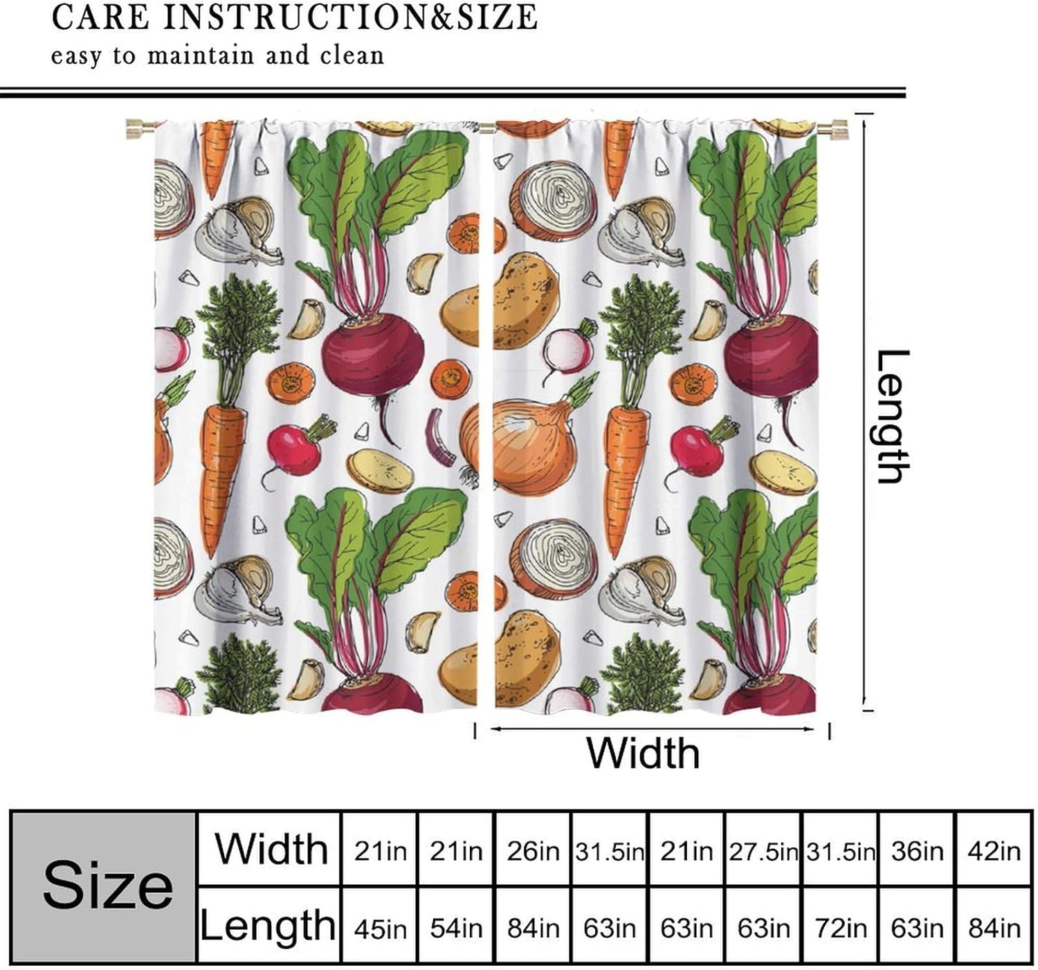 Vegetables Blackout Window Curtain, Continuous Pattern of Sketchy Painted Healthy Natural Tasty Food Illustration for Home Kitchen Restaurant Decoration Window Curtain 2Panel 42" W X 45" L