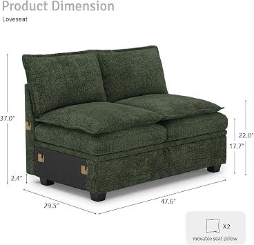 Belffin Double Seat Module 2-Seater Sofa with Storage for Chenille Modular Sectional Sleeper Sofa Pullout Couch, Green