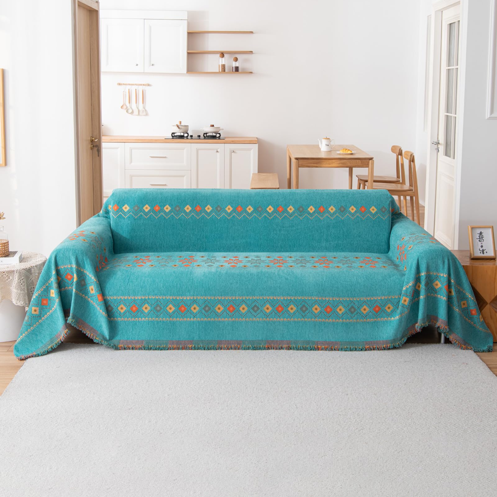 Vanderhome Green Boho Throw Chenille Blanket Soft Throws For Sofas Washable Blanket For Bed Settees Armchairs, Livingroom 180 * 230Cm