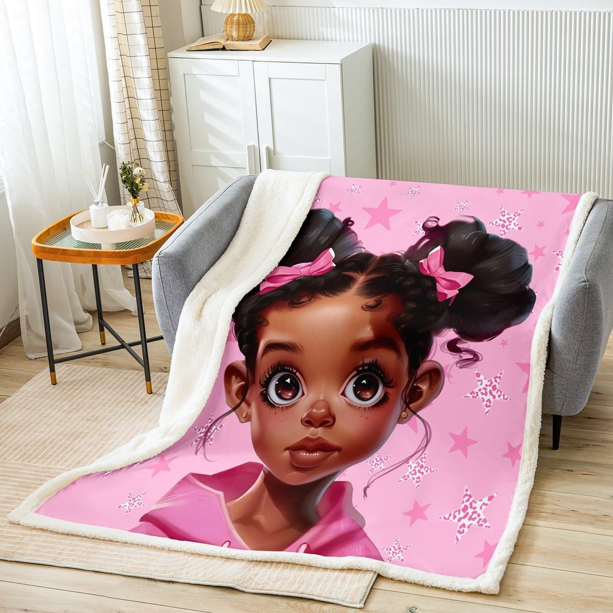 African Cute Girl Flannel Fleece Blanket,Black Skin Princess Dreamy Fairy Tale Blanket for Bed Sofa Couch,Starry Moon Sky Glitter Watercolor Green Bed Blanket for Bedroom,Twin 60"x80"