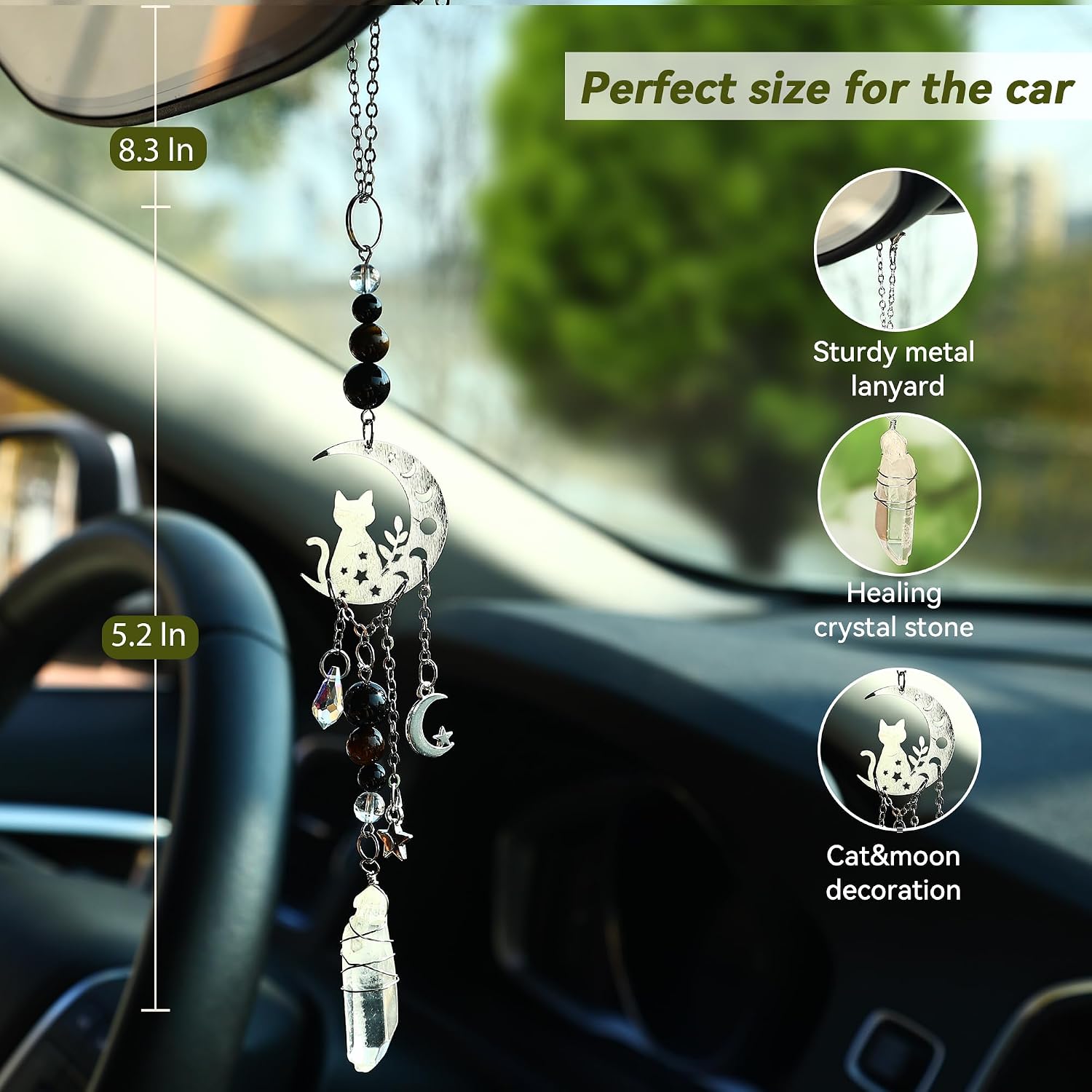 Car Rear View Mirror Witchy Accessories Car Hanging Ornament,Cat&Moon Rearview Decor Charm Black Onyx&White Jade Beaded Crystal, Handmade Unique Cute Swinging Interior Decor for Women Men