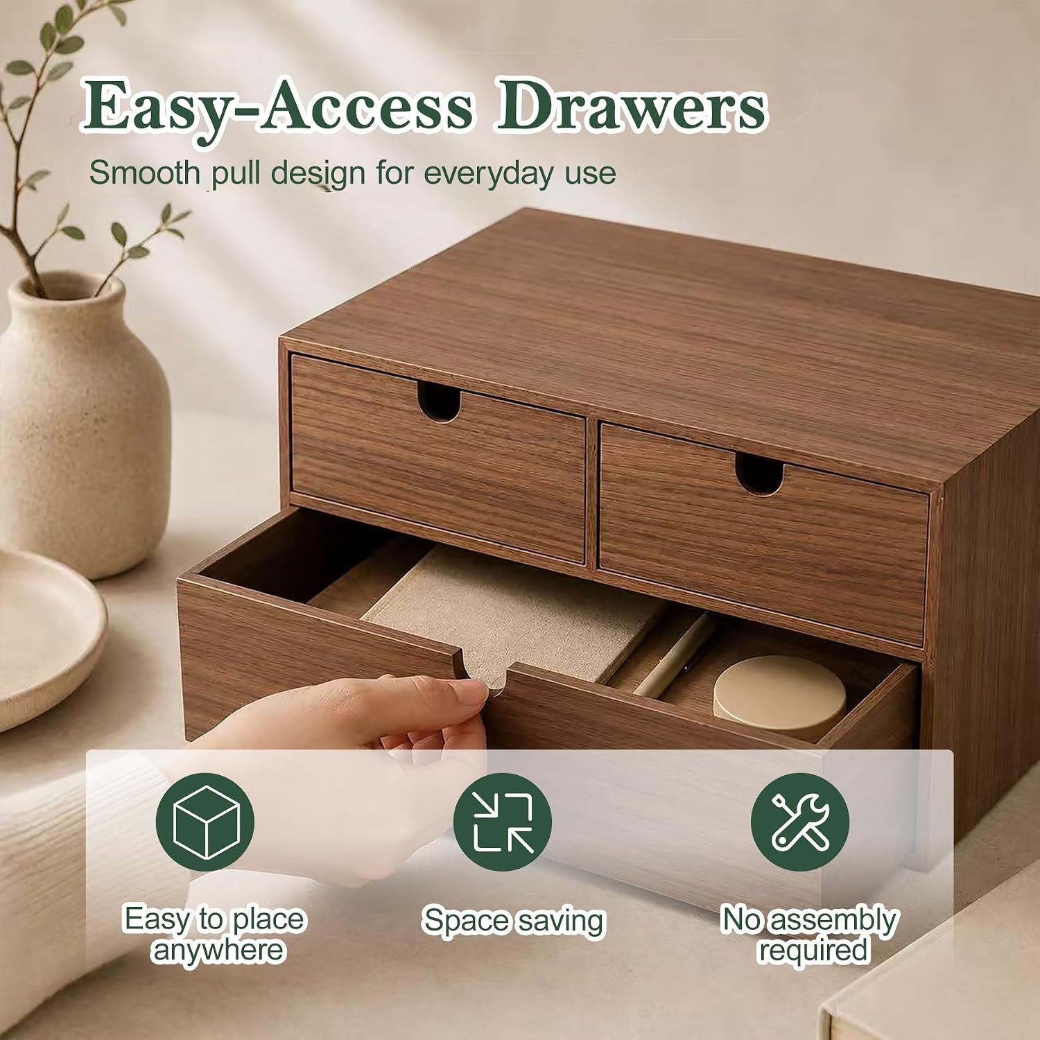 Wooden Desk Organizer with 3 Drawers, Desktop Storage Cabinet, No Assembly Required, Wood Organizer for Office Supplies, Makeup, Jewelry & Craft Storage, Walnut Finish (3)