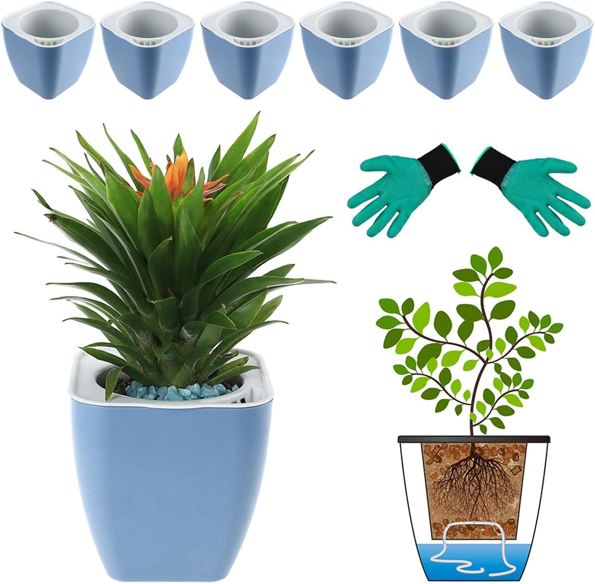 DEELF OUTLET DeEFL 6 Packs 4.1 Inches Small Self Watering Planters Plastic Plant Pots Wick Flower Pots for Indoor Plants, African Violet, Ocean Spider Plant Pot, Orchid, Blue
