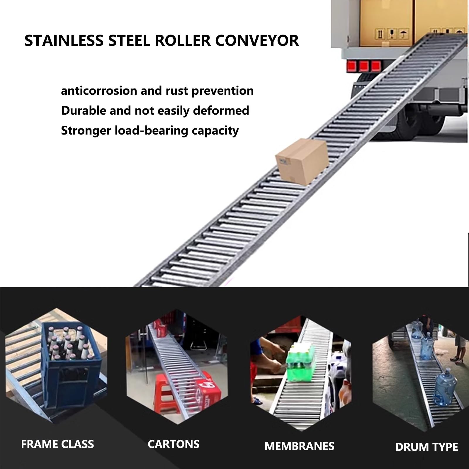 Rollenbahn aus Edelstahl, nicht betrieben, 40 cm Breite, 4 m Länge, ideal zum Entladen von Waren und Holzbearbeitung DIY