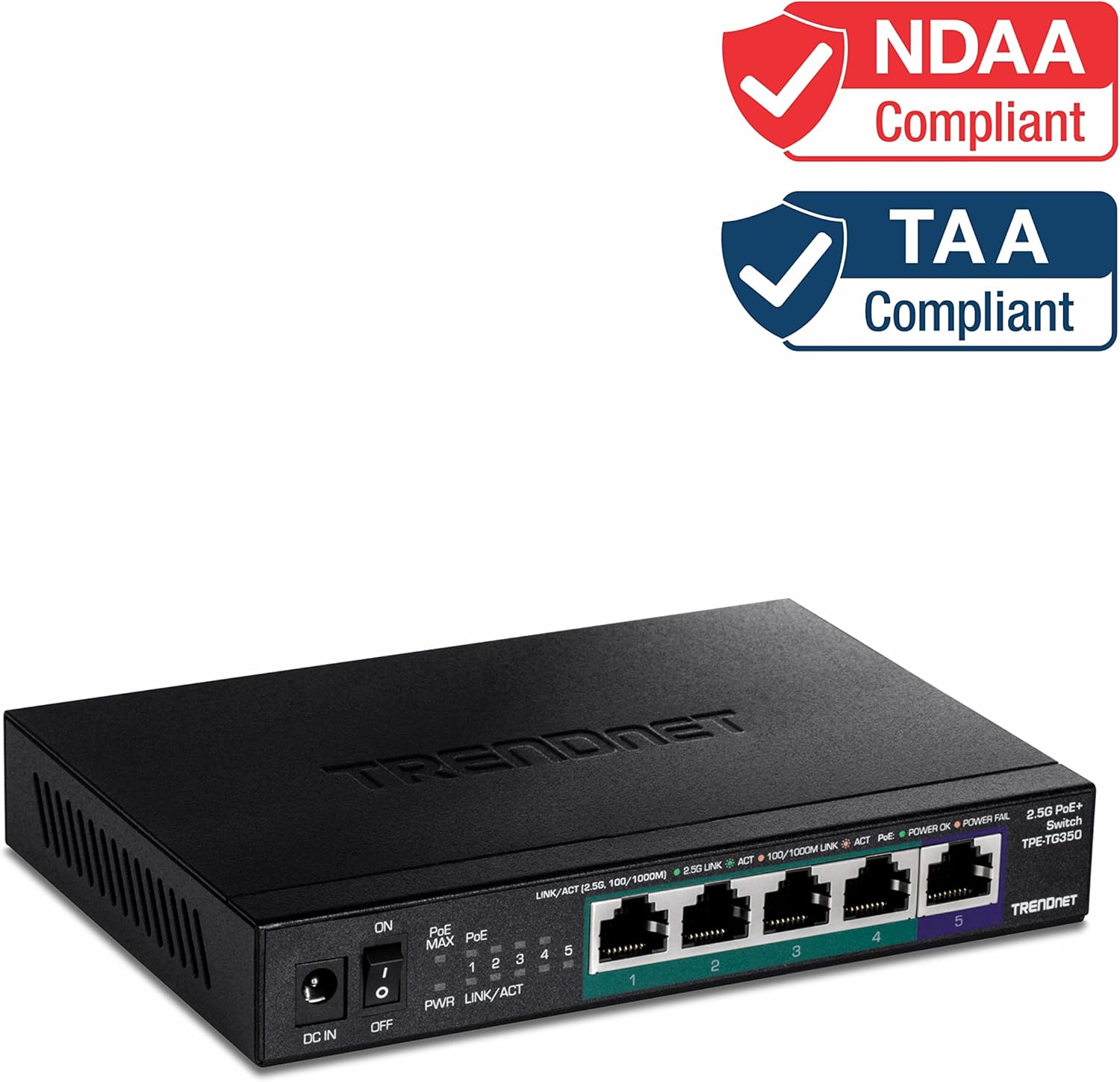 TRENDnet 5-Port Unmanaged 2.5G PoE+ Switch, Fanless, Compact Desktop Design, Metal Housing, 2.5GBASE-T Ports, IEEE 802.3bz, 55W PoE Budget, Black, TPE-TG350 (Renewed)