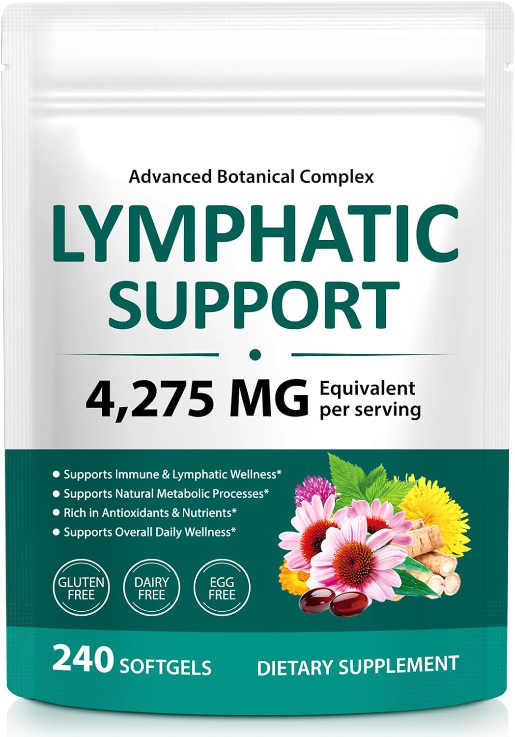 Lymphatic Drainage Supplements - 4275mg Herbal Lymph System Support with Dandelion, Burdock, Echinacea, Turmeric & Bromelain, Promotes Fluid Balance & Immune Health for Women & Men, 240 Softgels