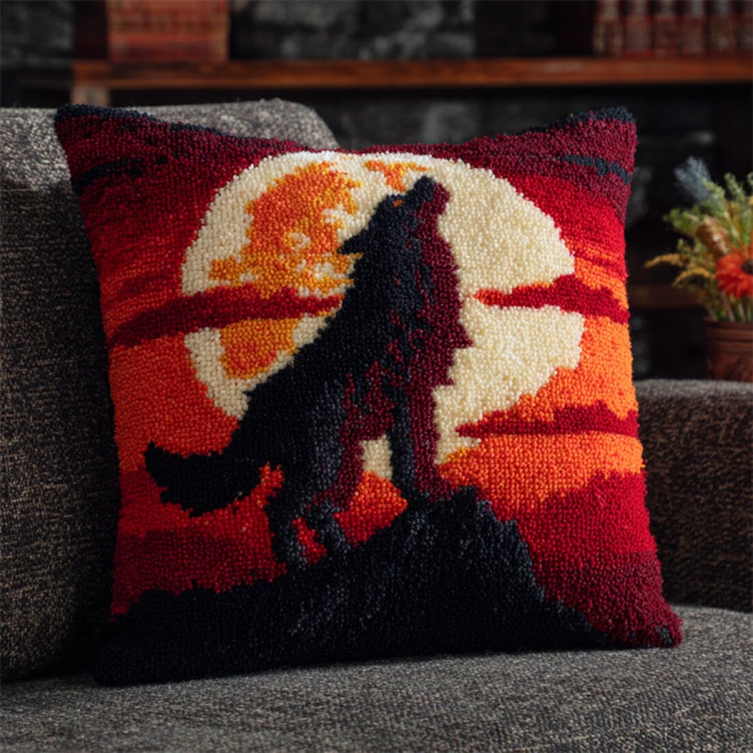 Kitquiver Animal Latch Hook Cushion Set Fantasy Wolf DIY Latch Hook Kit Cushion Home Decor Embroidered Pillow Kits,Beginner Adult Embroidery Set 17x17In