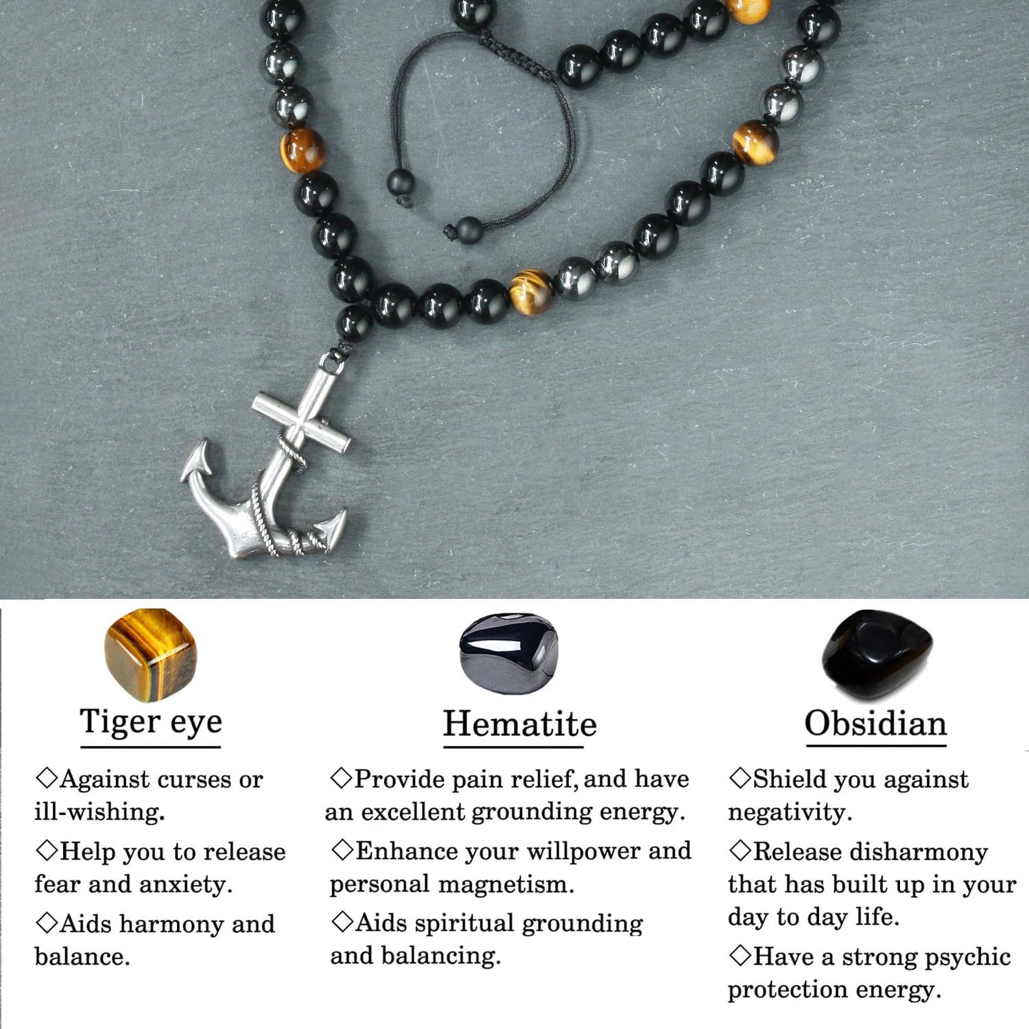 Triple Protection Crystal Bead Necklace for Men - Black Obsidian Hematite and Tiger Eye Beads Necklace with Stainless Stee Pendant, Natural Stone Beads Healing Jewelry Christmas Gifts for Him
