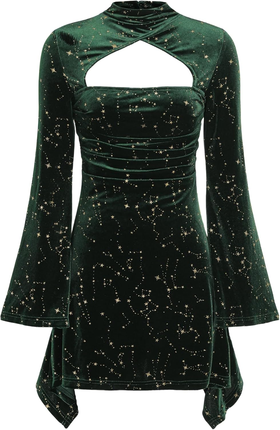 CIDER Velvet Star Pattern Mini Dress: Bell Sleeve Turtleneck High Waist Party Dress for Women