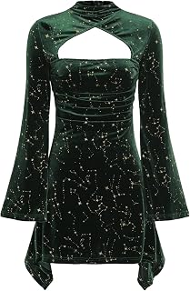 CIDER Velvet Star Pattern Mini Dress: Bell Sleeve Turtleneck High Waist Party Dress for Women