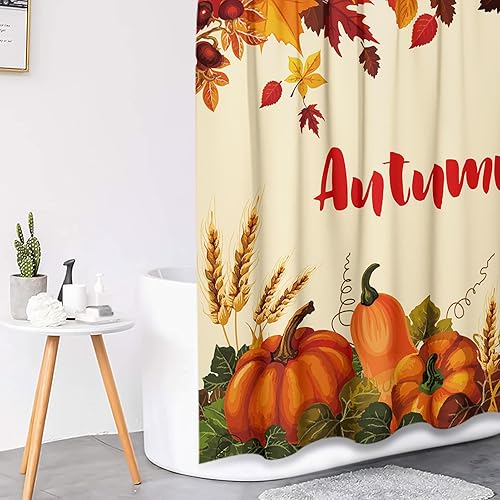 Miniatura 4 de Arttown Juego de cortinas de ducha de otoño con tapa de inodoro y alfombras antideslizantes, 4 cortinas de ducha para baño, calabaza naranja, hojas