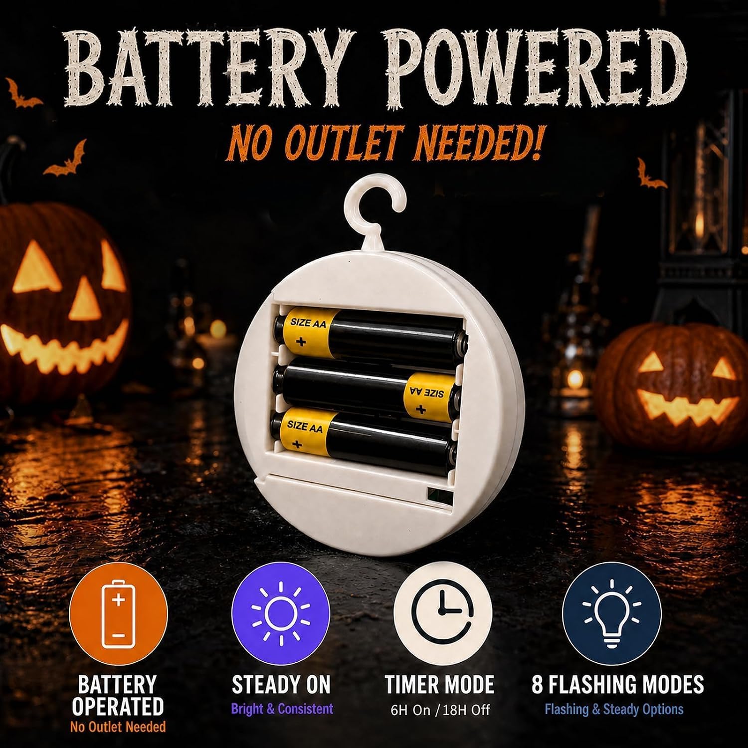 Halloween Window Lights, 3 Pack Pumpkin, Ghost, Bat Lights | Halloween Window Decorations, Orange, White, Purple Battery Operated, Suction Cup, 8 Flashing Modes, Timer, Indoor Lights