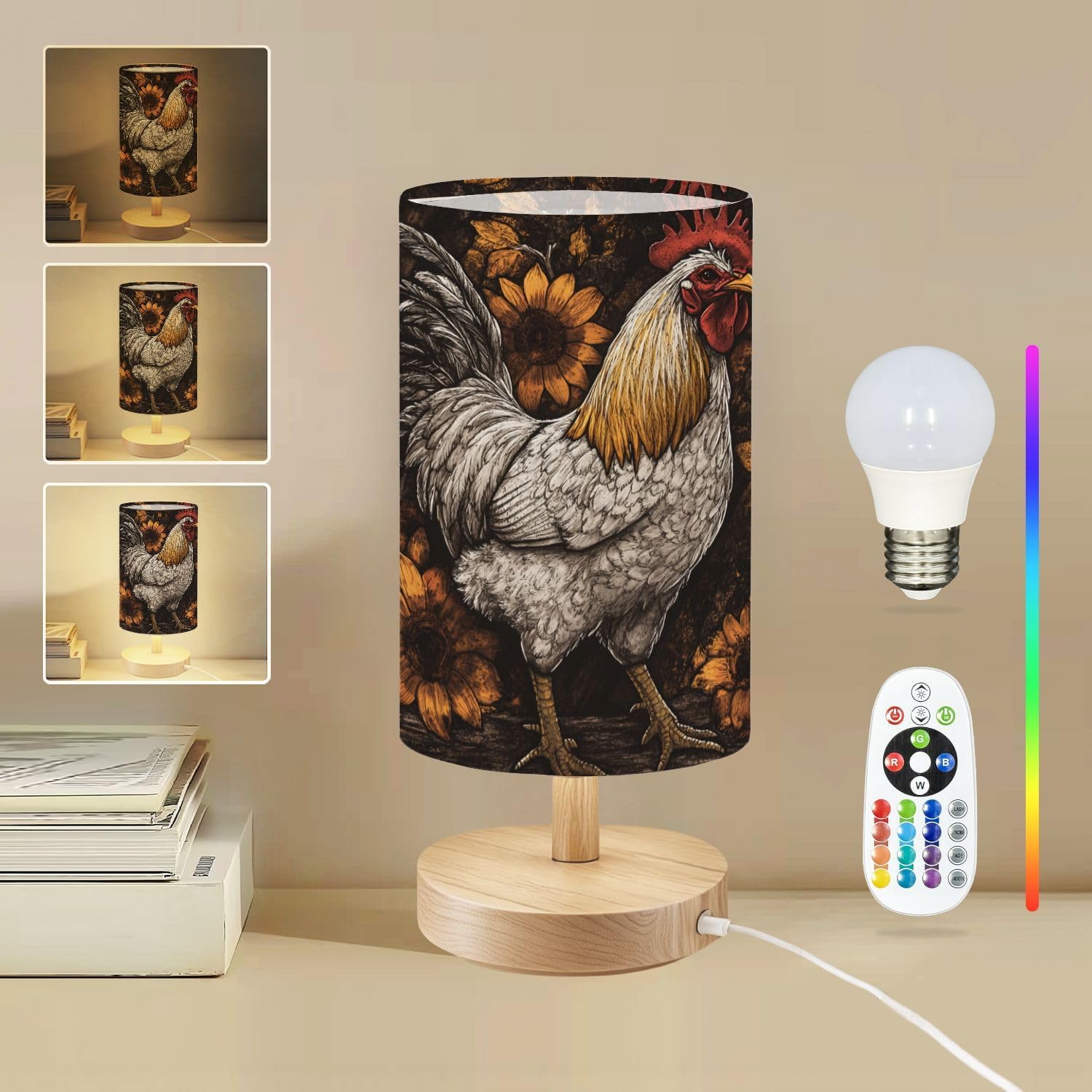 Bedside Table Lamp Stained Glass Rooster Sunflowers Art 16-Way Dimmable Small Desk Lamp with Round Flaxen Fabric Shade for Nightstand Bedroom Living Room Home Decor