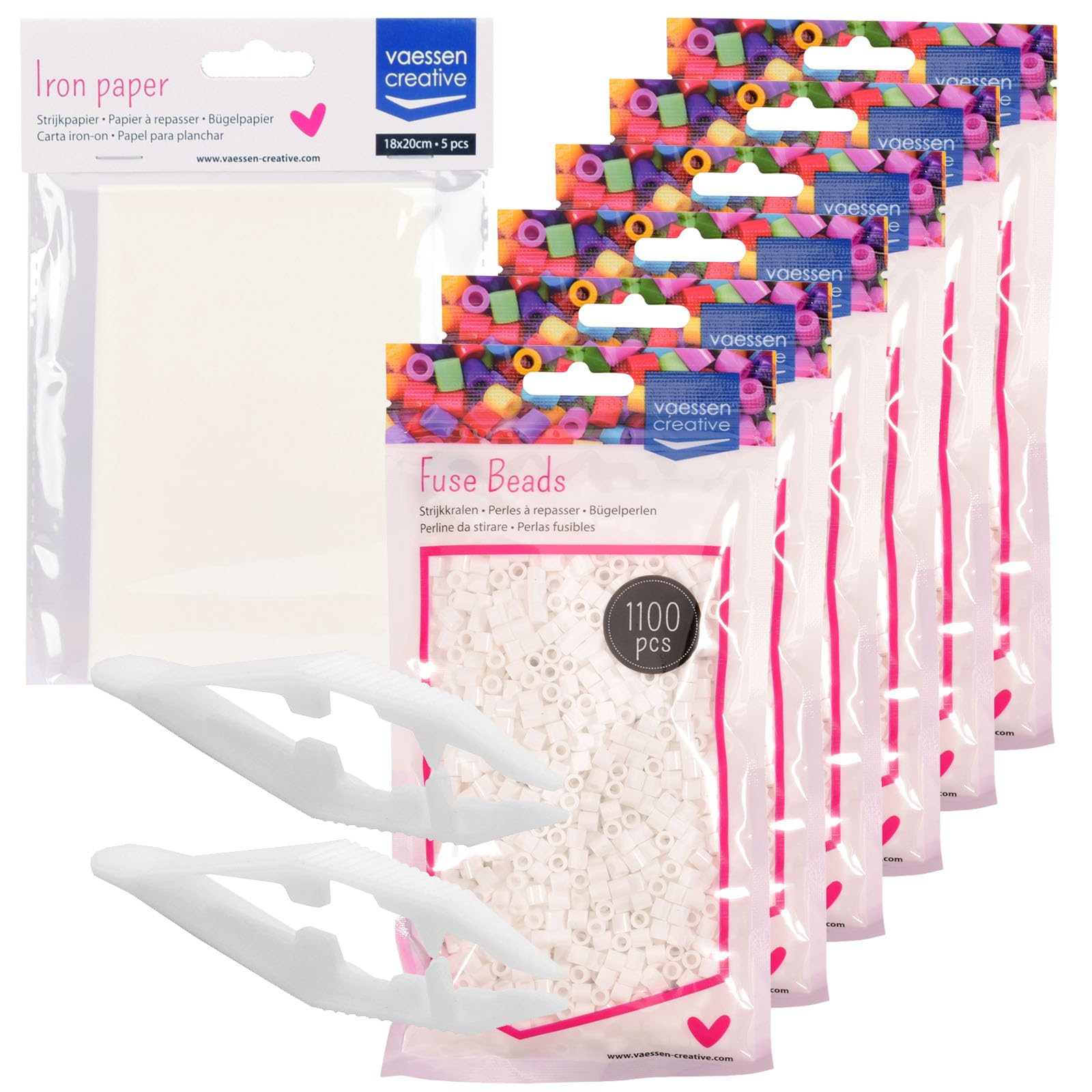 Vaessen Creative Fuse Beads Kit 6600 White Pieces – Maxi Pack with Ironing Paper and Tweezers for Arts and Crafts, DIY Creations, Jewellery, Keychains, and Decorations