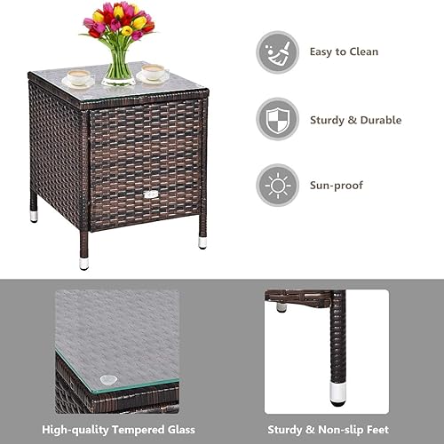 Miniatura 6 de HAPPYGRILL Juego de muebles de patio de 3 piezas para exteriores, juego de conversación de mimbre de ratán con mesa auxiliar, sillas y cojines