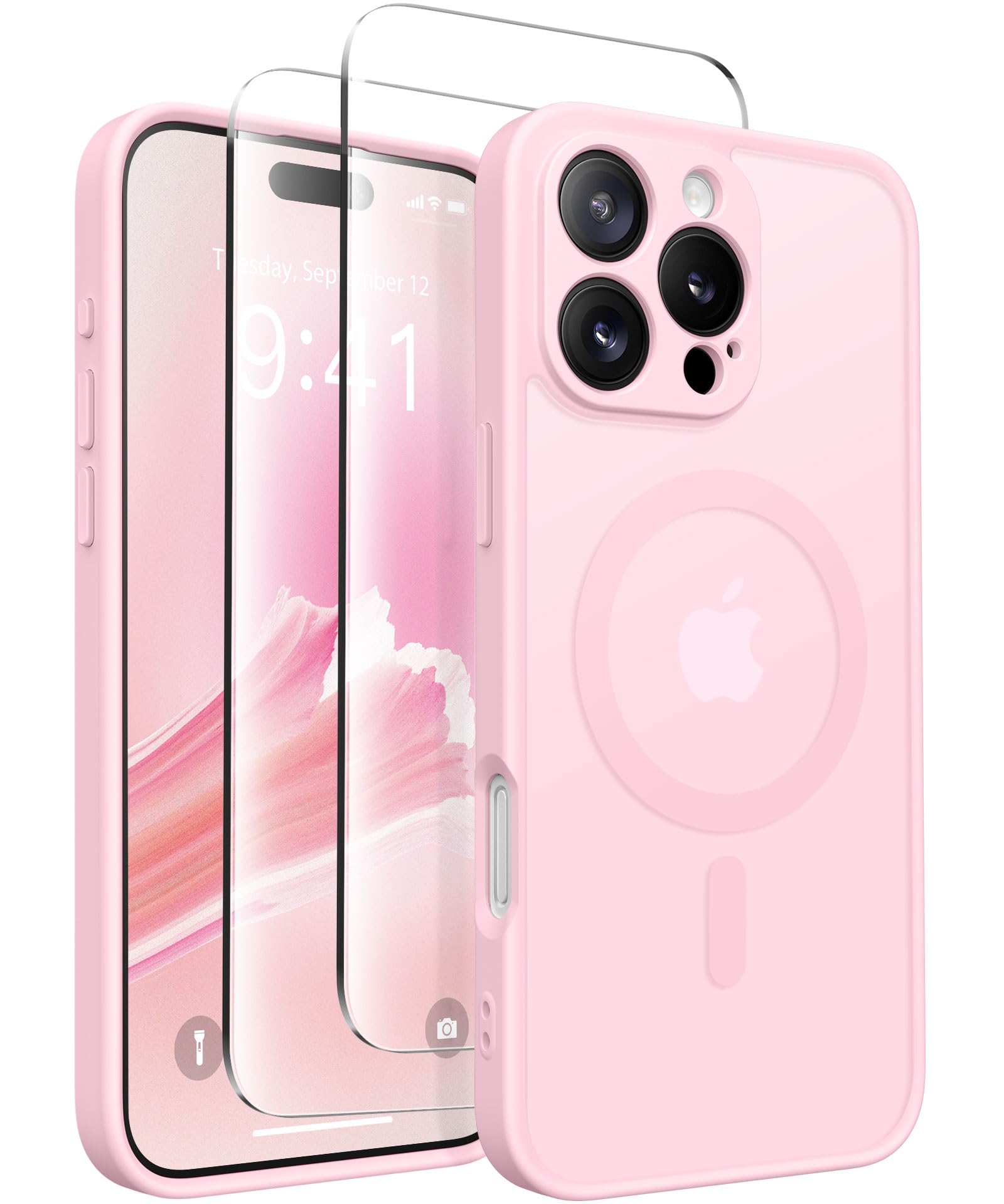 CAPRARO Magnetic Compatible with iPhone 16 Pro Case, Upgraded [Full Camera Protection] [Compatible with MagSafe] Protective Translucent Matte Women Girl Phone Case Cover, Pastel Pink