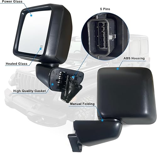 Miniatura 2 de Espejo lateral izquierdo del conductor con calefacción, cristal eléctrico y plegable manual compatible con Jeep Wrangler JL 2019-2023 sin giro