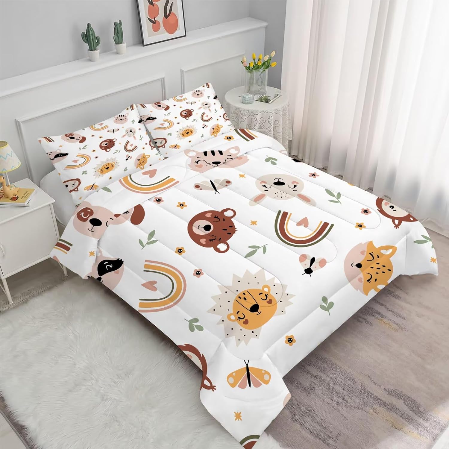 Animal Comforter Set Twin Size Cute Bedding for Girls Boys Kids Fox Lion Bear Bedroom Decor Quilt Bed Sets, 1 Comforter 1 Pillowcase