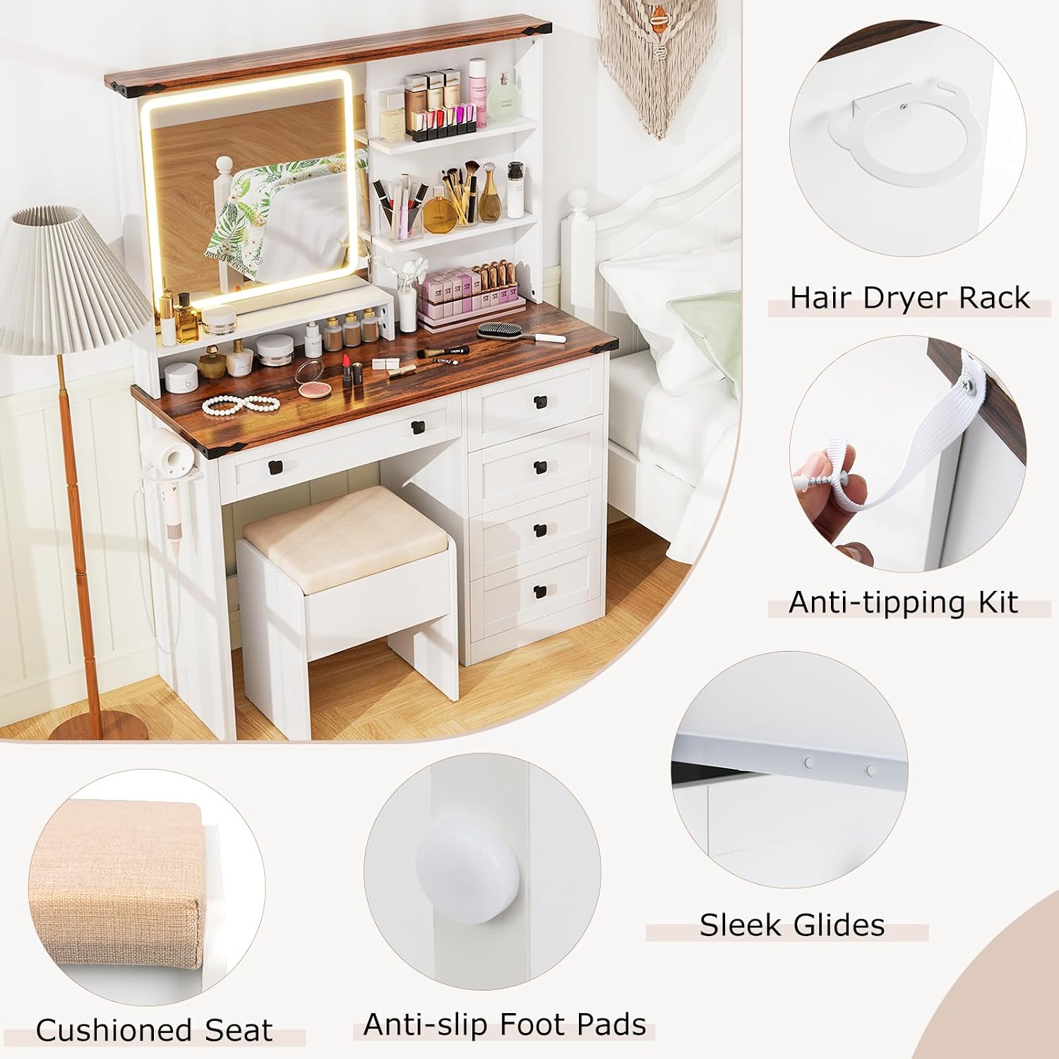 LOKO Vanity Desk with Mirror & Light, Farmhouse Makeup Table with Power Outlets, 3-color Adjustable Mode, 5 Storage Drawers, Vanity Dressing Table with Storage Stool, Perfect for Bedroom, Dressing Roo