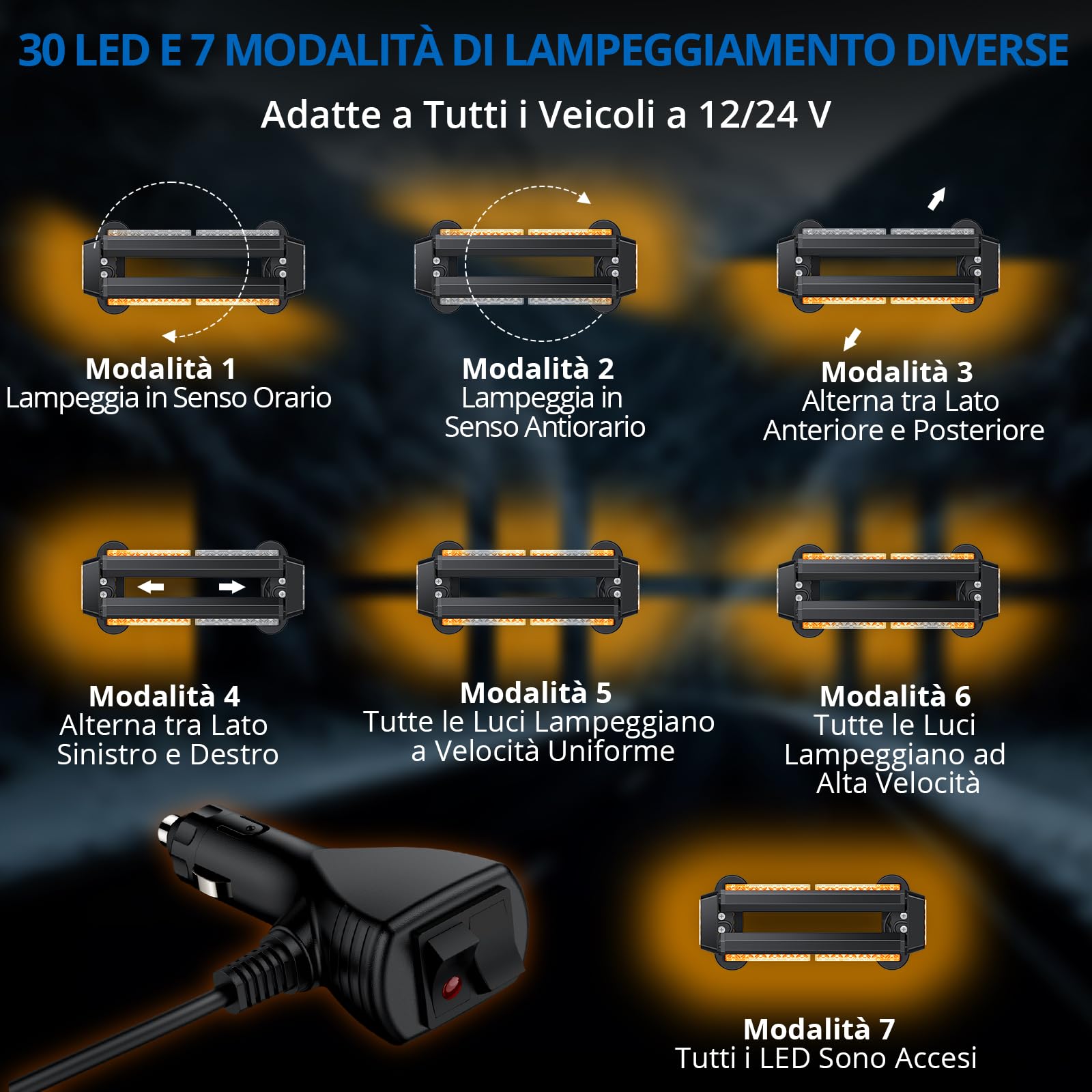 30LED Luci Lampeggianti di Emergenza con Supporto Metallico Nero, Barra LED Magnetica con Cavo da 5m, 12/24V, IP65 e 7 Modalità con Memoria, Universale per Camion Furgone Trattore Caravan
