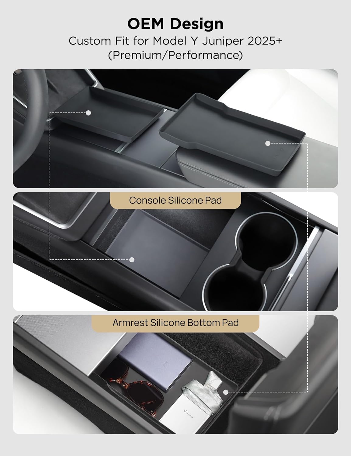 TPARTS Center Console Armrest Bottom Pad for Tesla Model Y Juniper 2026 2025, Full Coverage Silicone Storage Mat Organizer Tray Refresh Interior Accessories (Premium/Performance)