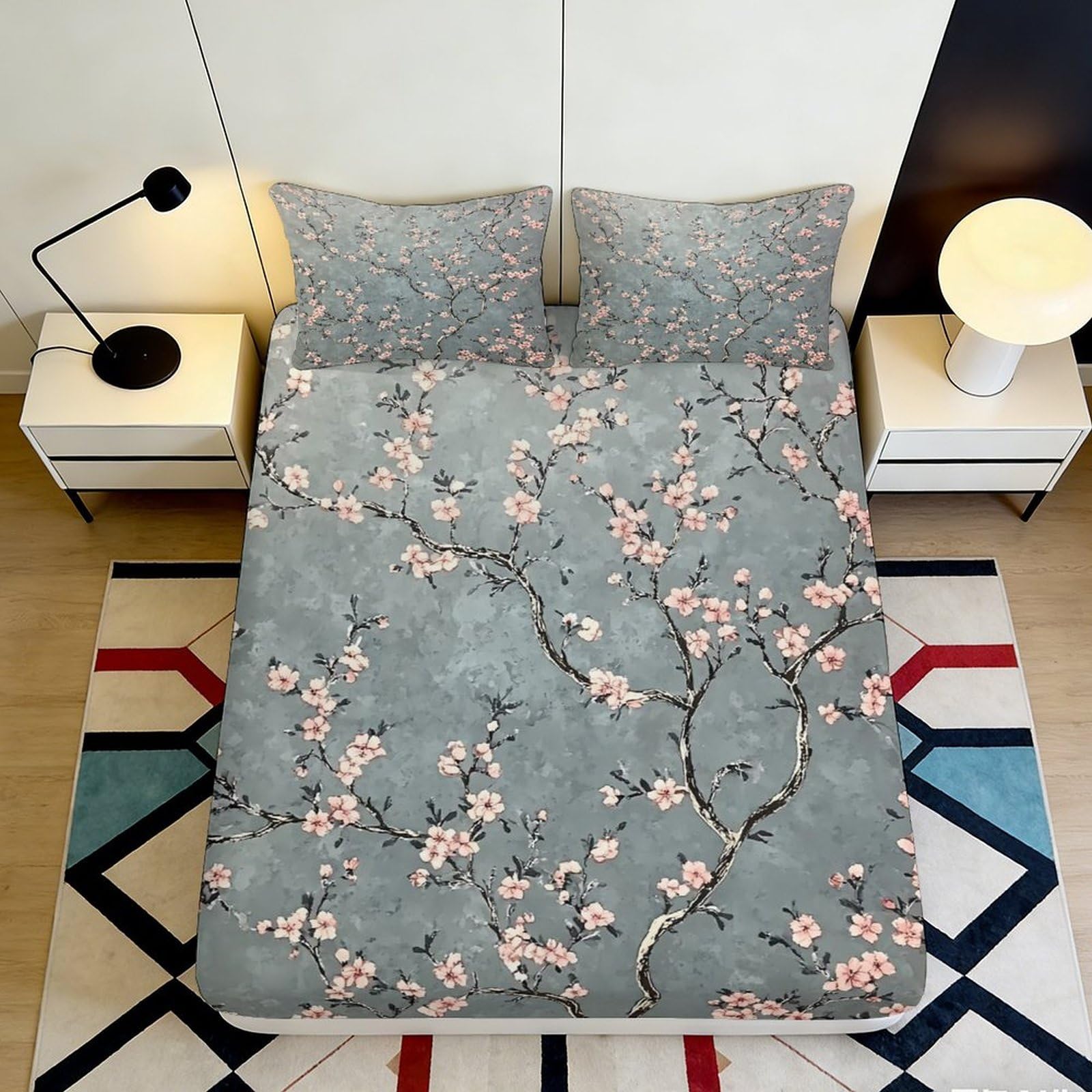 3D Printed Cherry Blossom Fitted Sheet Microfiber Soft Breathable Floral Branch Bed Cover for Bedroom Dormitory Guest Room Mattress Protection 160x200x25cm