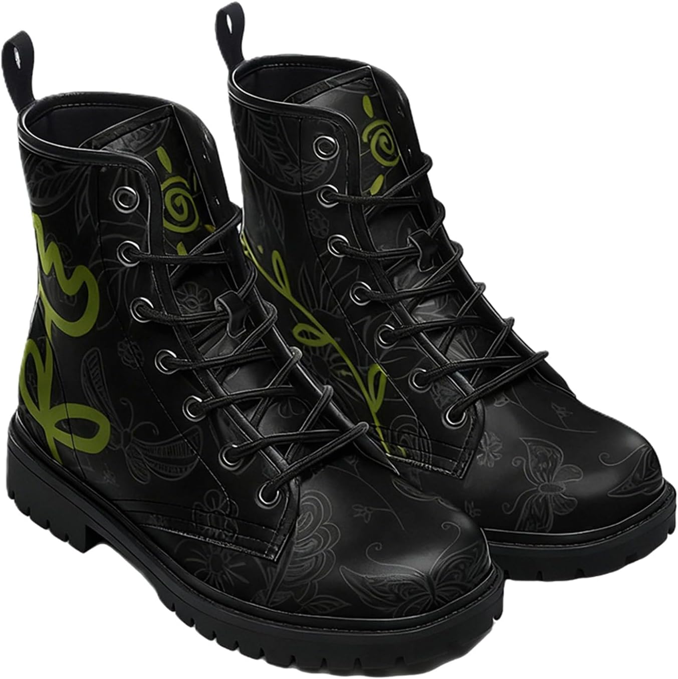 Women's Combat Boots with Graffiti Floral Cartoon Animal Print Lace-Up Vegan Leather Chunky Platform Sole Ankle Booties Fashion Printed Customizable Shoes for Travel Halloween Party, Green