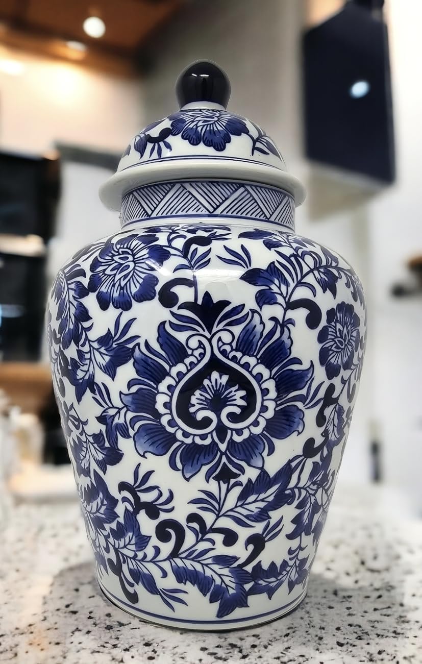 Festcool 12.5 in Blue and White Porcelain Floral Temple Ginger Jar Vase, China Qing Style (Blue Dark), Medium, classic