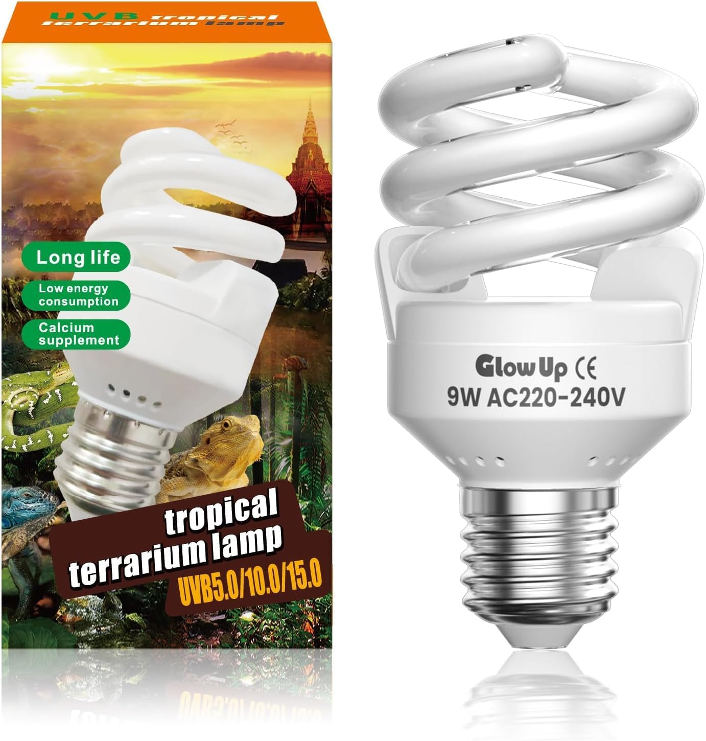 GlowUp 9W UVB 10.0 E27 Small Lamp UVB 10.0 Terrarium AC220-240V Lamp Uva Uvb Tortoise for Aquarium, Glass Container, Feeder, Turtle, Snake, Lizard, etc (1Pcs)